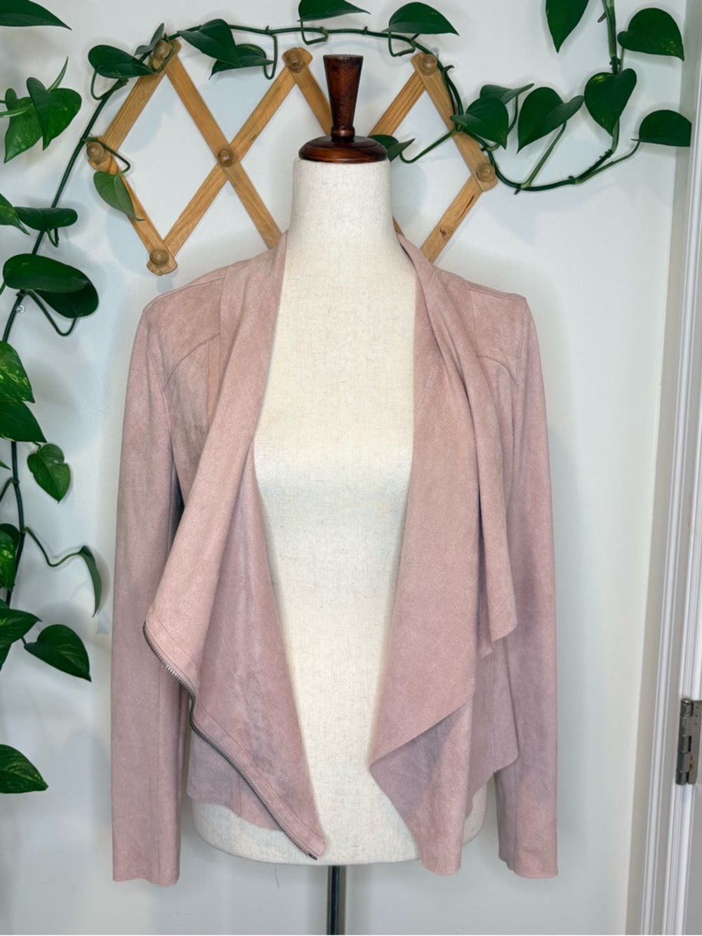 BLANK NYC Pink Faux Suede Drape Front Asymmetrical Moto Cowl Neck Jacket - Picture 8 of 11